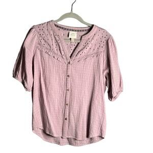 Knox Rose Purple Eyelet Buttoned Front Top With Puff Sleeves Size Small